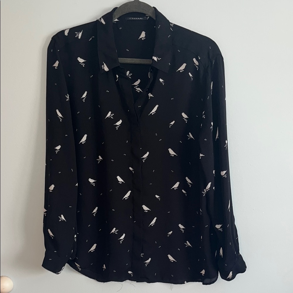 Black Blouse with White Feather Print